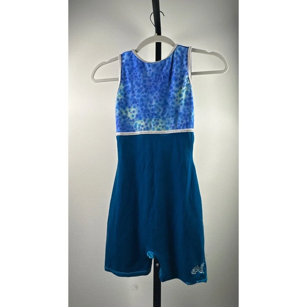 GK Elite Gymnastics Biketard Girls CM Blue Velvet Ombre Silver Trim Excellent